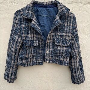 Women’s Tweed button front cropped blazer jacket navy blue size: S